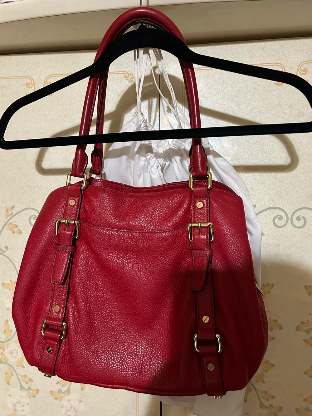Michael Kors Red Pebbled Leather Shoulder Tote with Gold Hardware